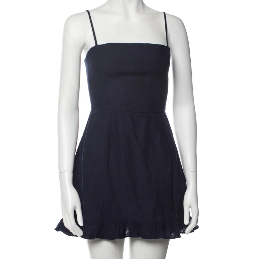 Reformation Navy Blue Linen Mini Dress with Ruffle